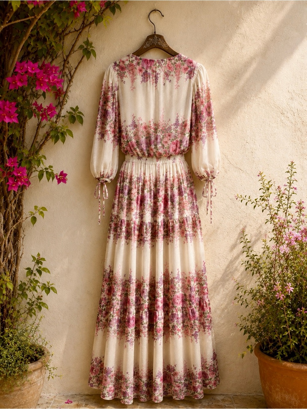 Romantic Pink Cream Floral Cottagecore 3/4 length sleeves V-Neck Flowy Dress 8 - Picture 4 of 7
